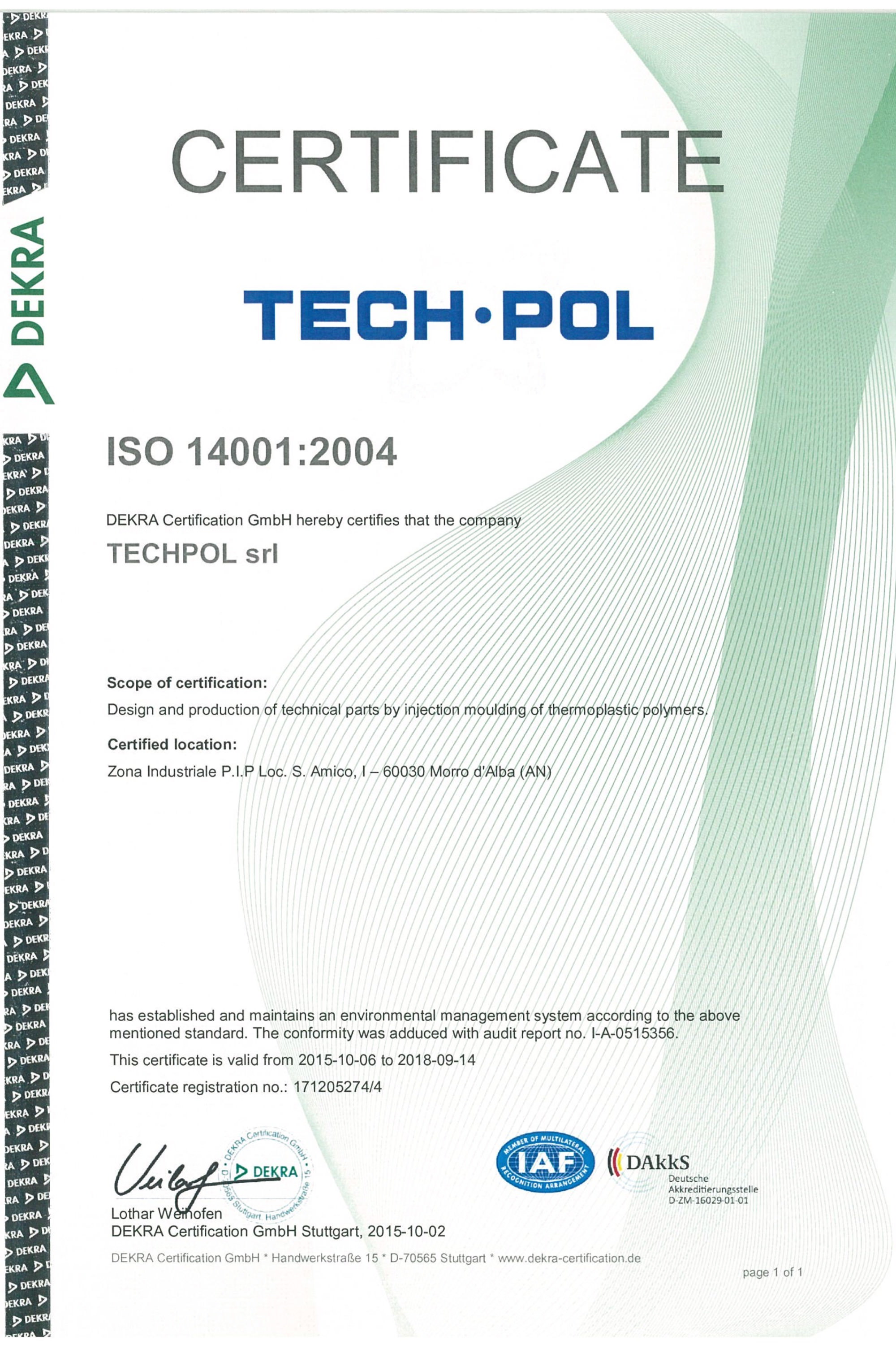 Certificazione ISO 14001 DEKRA